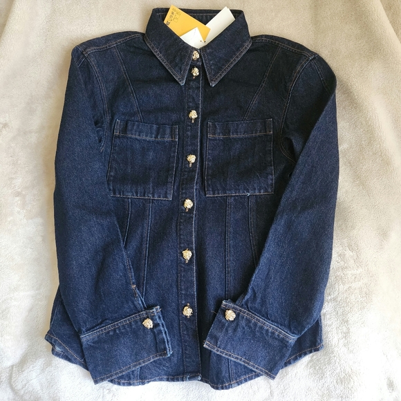 H&M defined-Waist Denim Shirt Gold Buttons- Dark Denim Blue BNWT - Picture 14 of 16